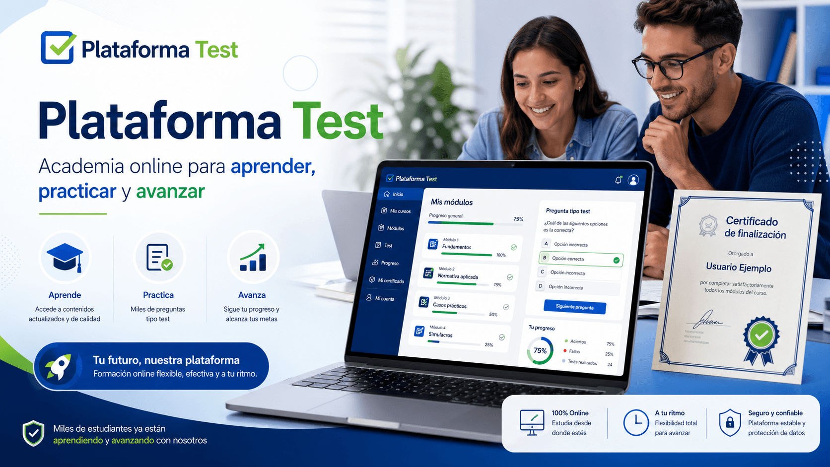 Alumnos usando una plataforma online de test